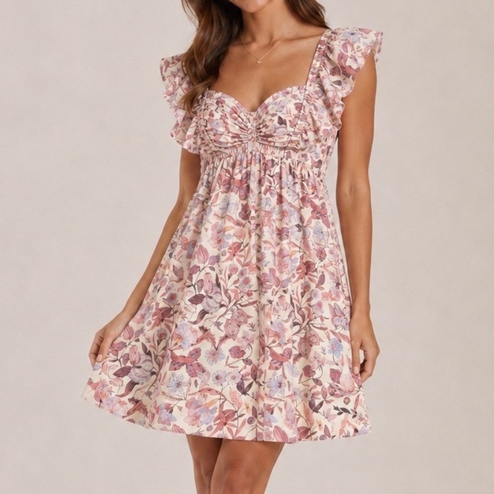 Floral‎ Sweetheart Neckline Ruffle Sleeve Mini Dress NWT (MED) Lightweight Fairy